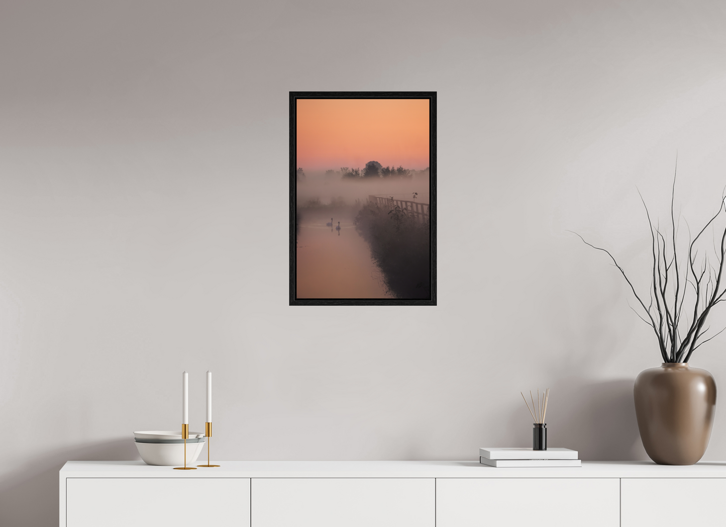 40 x 60 cm, Floater Frame Swans in the Morning Mist