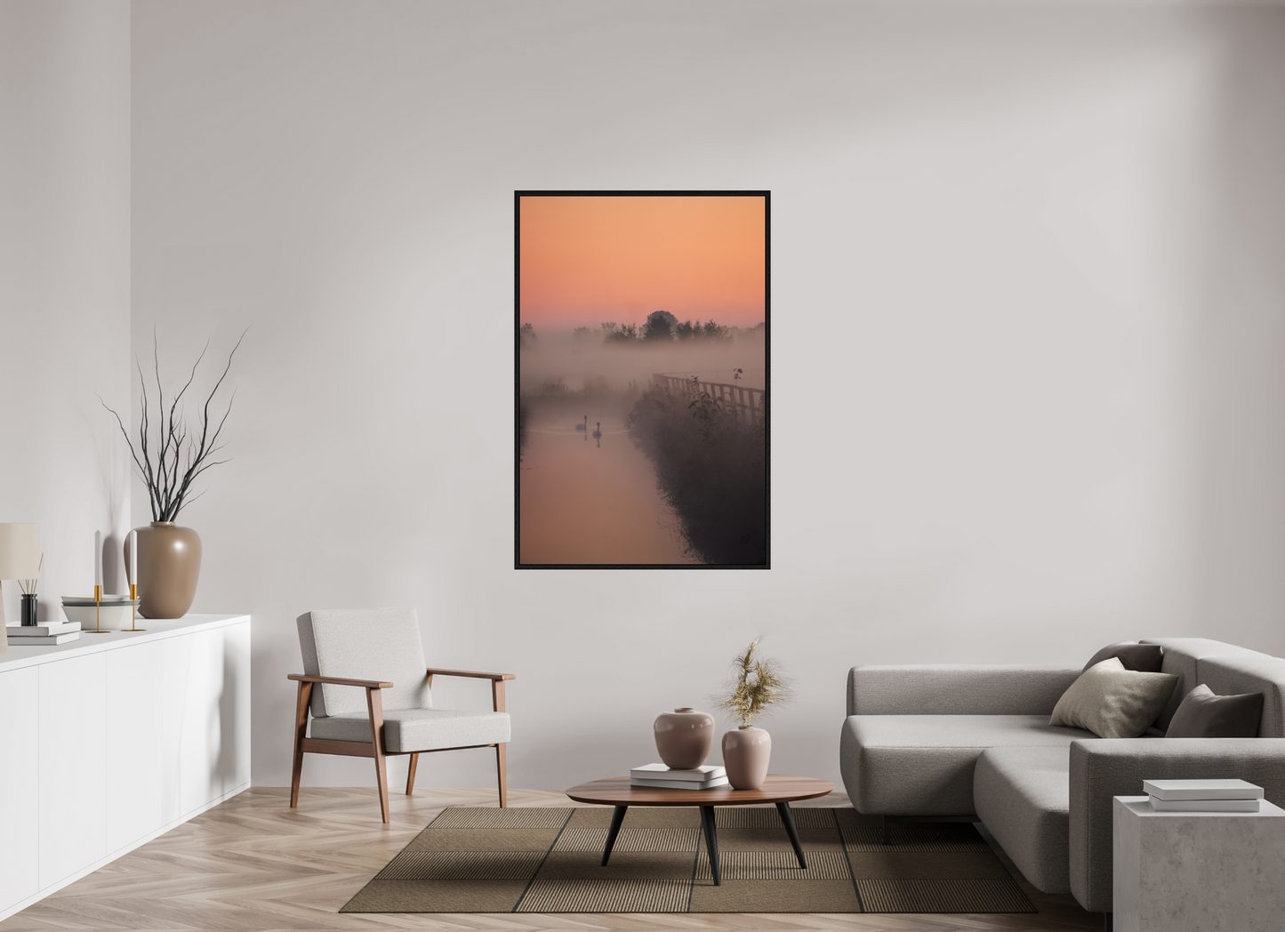 100 x 150 cm, Floater Frame Swans in the Morning Mist