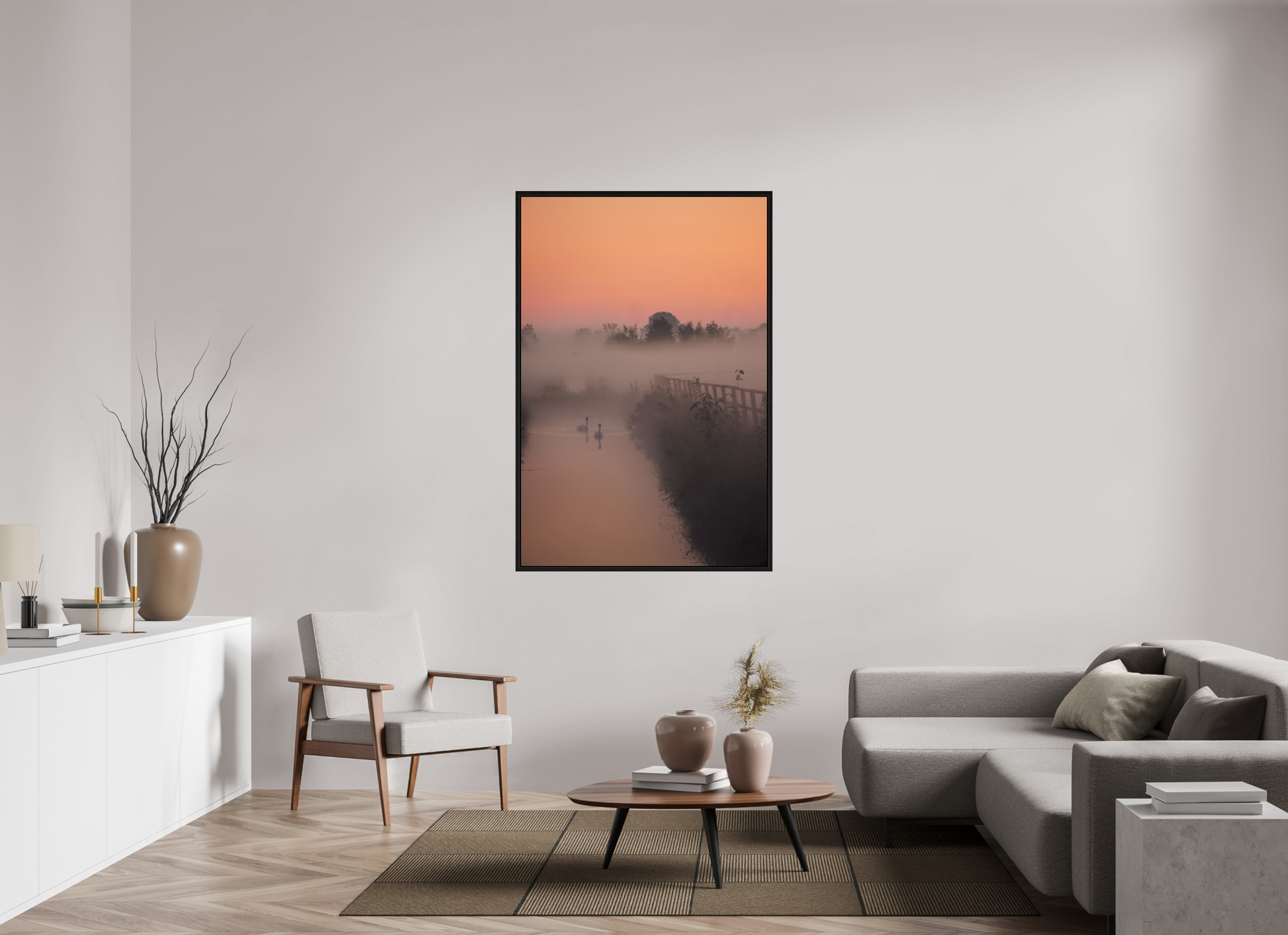 100 x 150 cm, Floater Frame Swans in the Morning Mist
