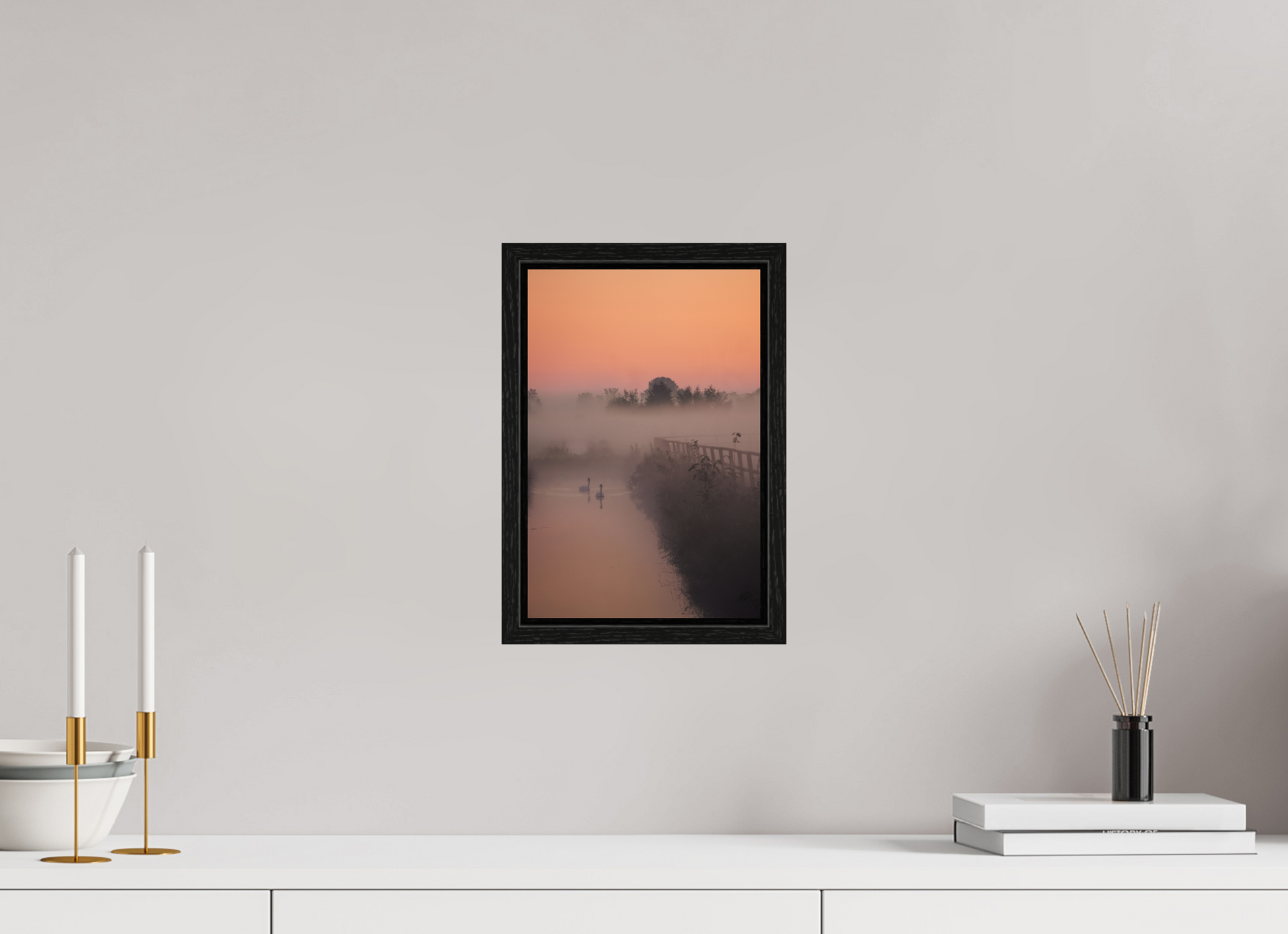 20 x 30 cm, Floater Frame Swans in the Morning Mist