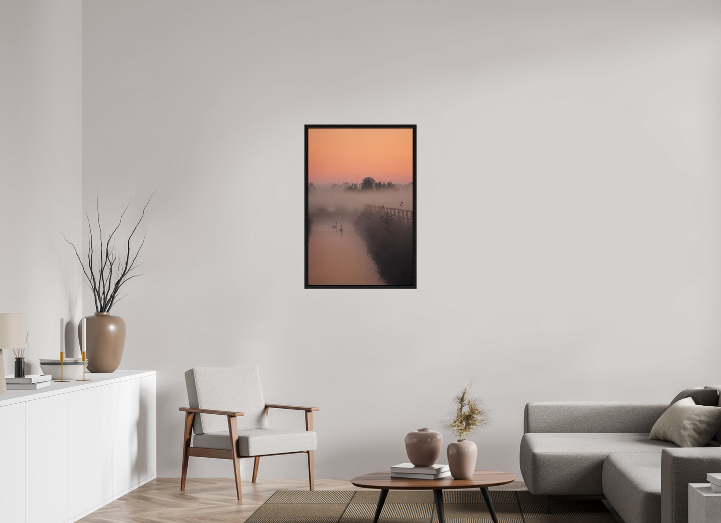 60 x 90 cm, Floater Frame Swans in the Morning Mist