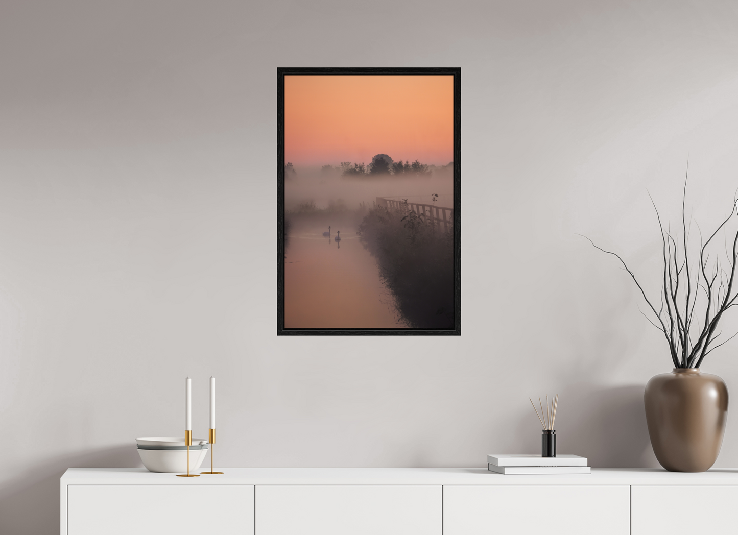 50 x 75 cm, Floater Frame Swans in the Morning Mist