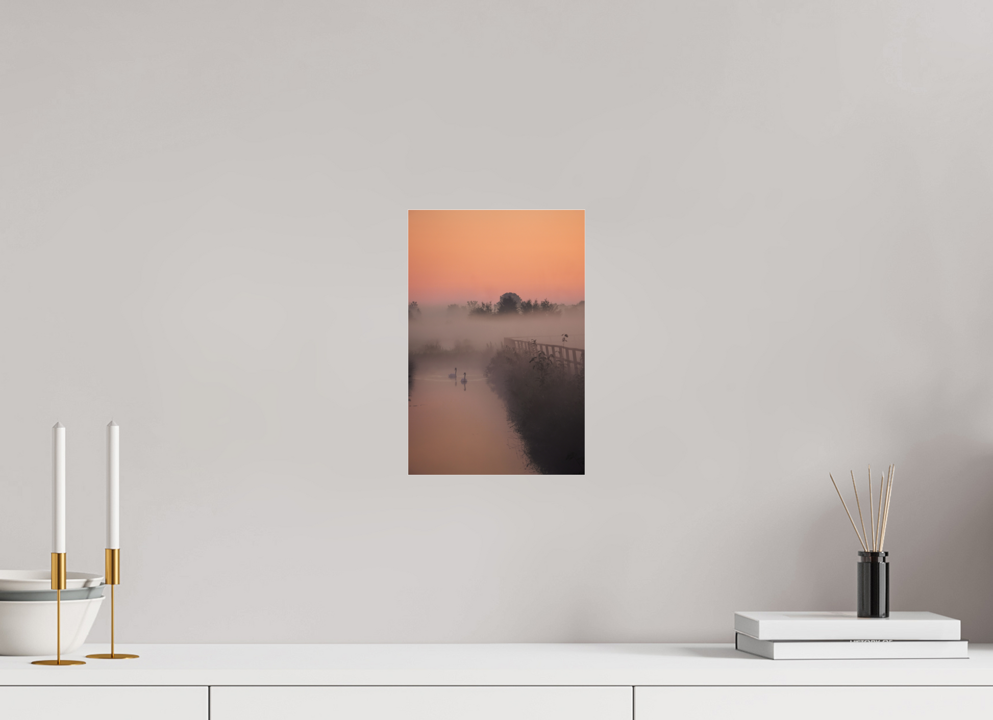 20 x 30 cm, Photo Print Under Acrylic Glass Swans in the Morning Mist