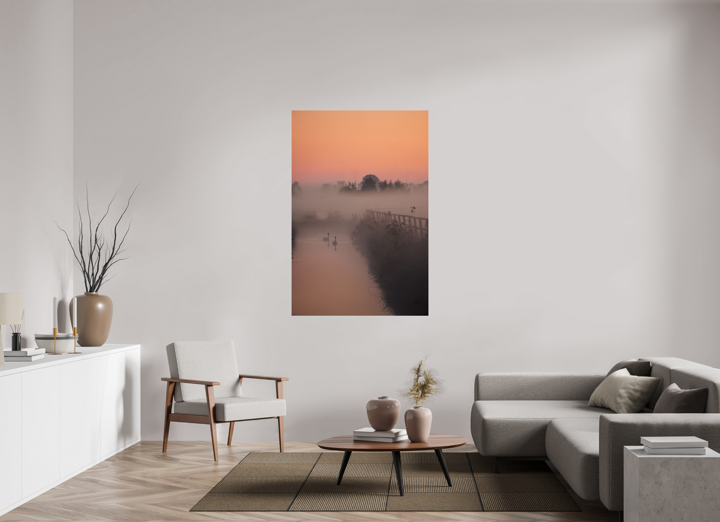 100 x 150 cm, Photo Print Under Acrylic Glass Swans in the Morning Mist