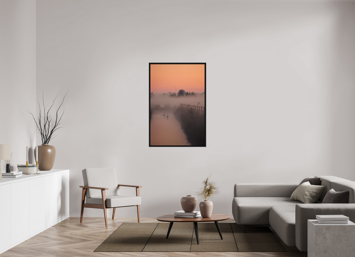 80 x 120 cm, Floater Frame Swans in the Morning Mist