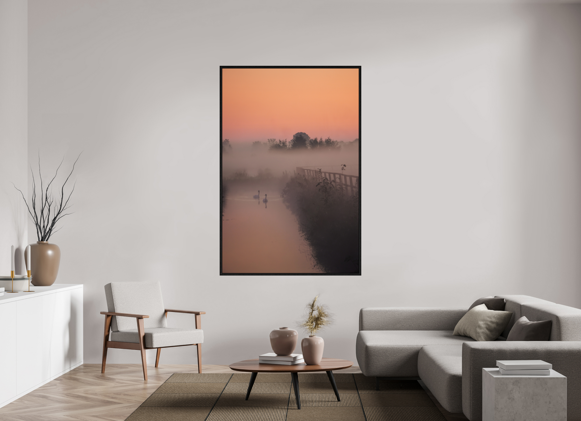 120 x 180 cm, Floater Frame Swans in the Morning Mist