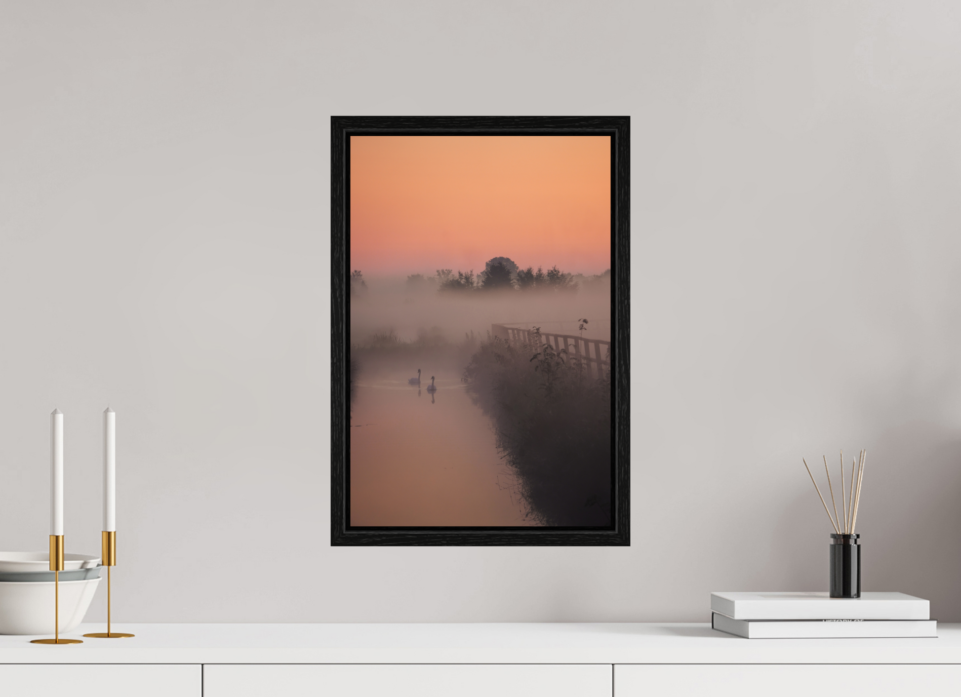 30 x 45 cm, Floater Frame Swans in the Morning Mist