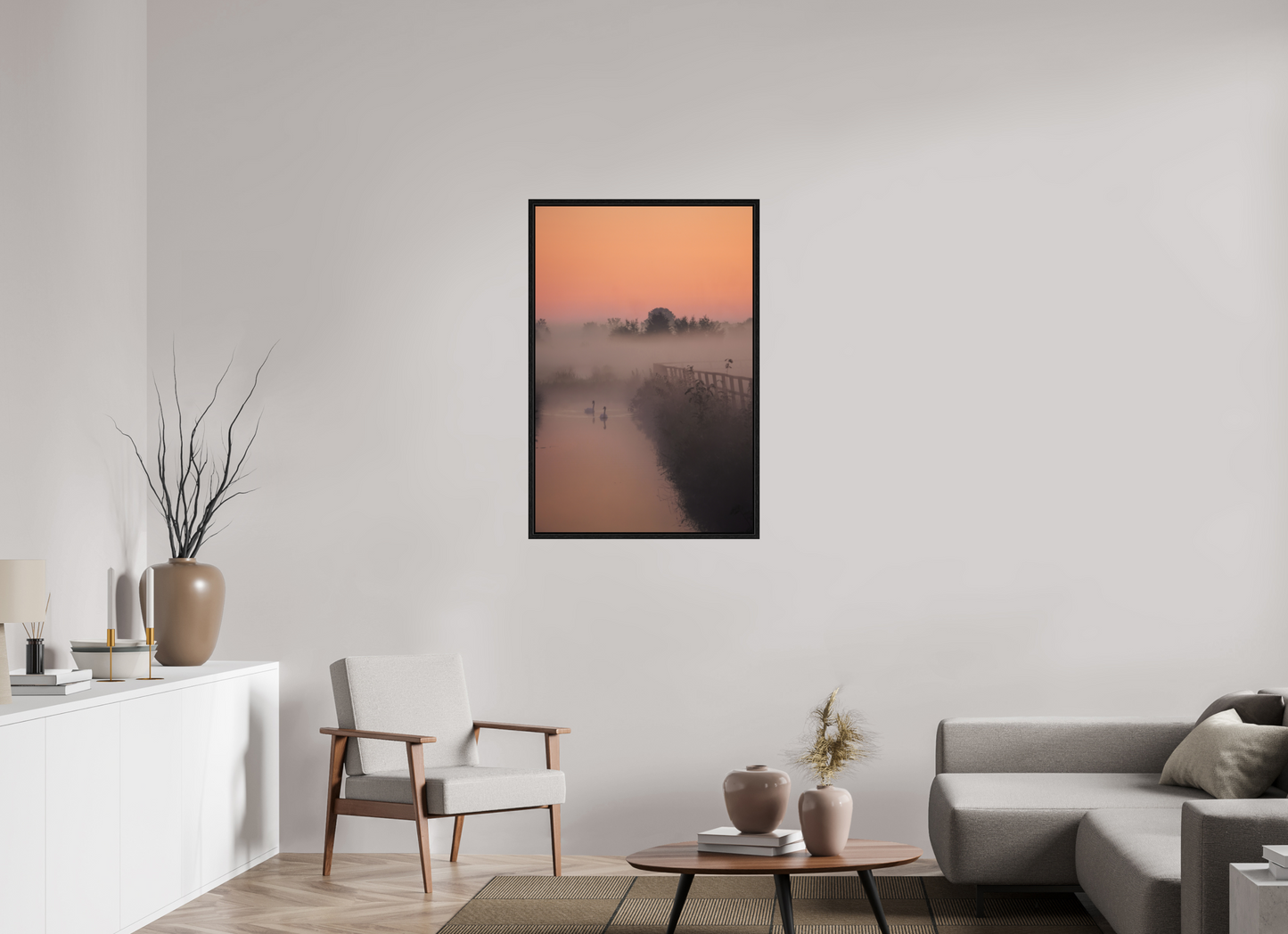 70 x 105 cm, Floater Frame Swans in the Morning Mist