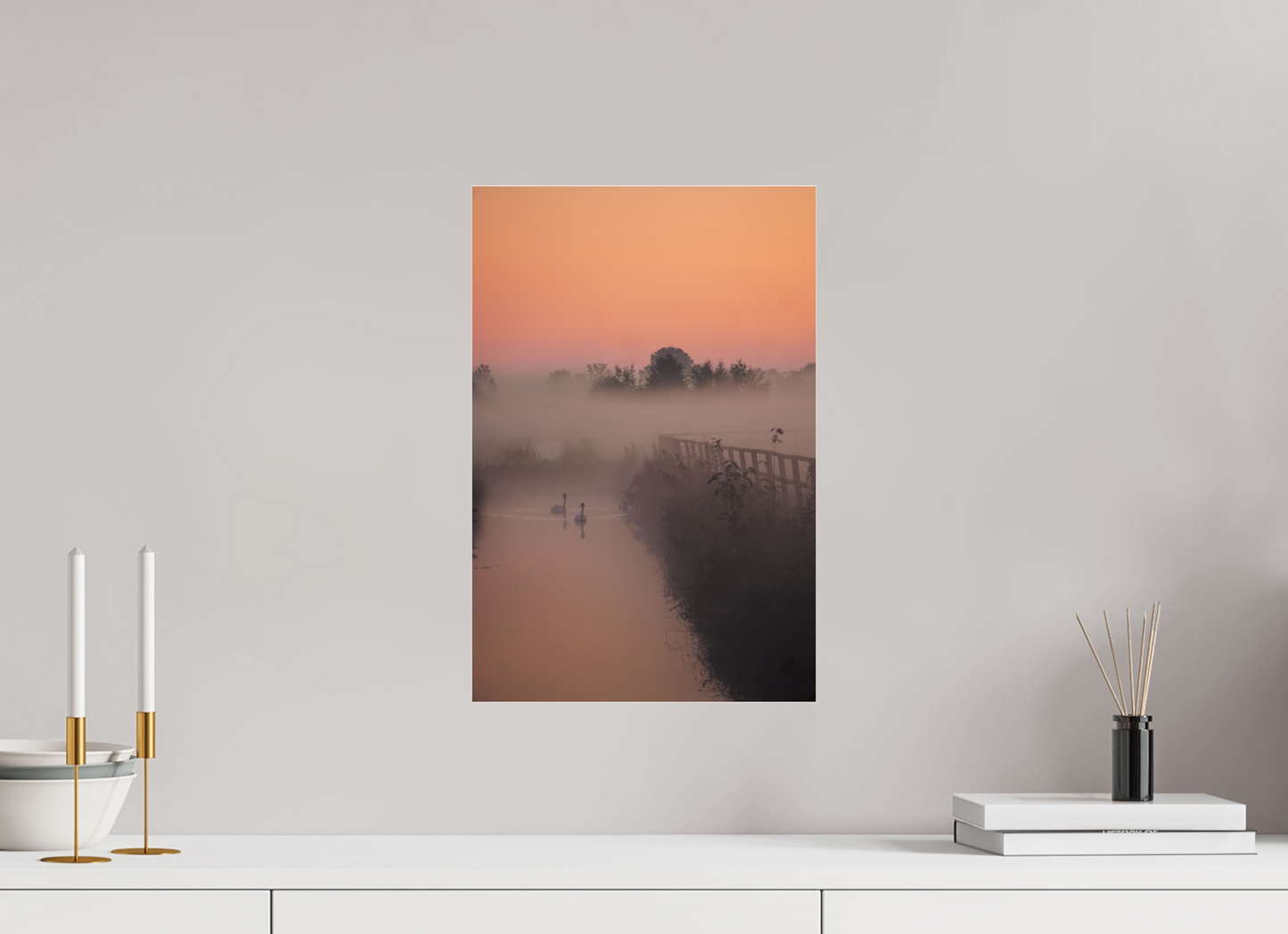 30 x 45 cm, Photo Print Under Acrylic Glass Swans in the Morning Mist