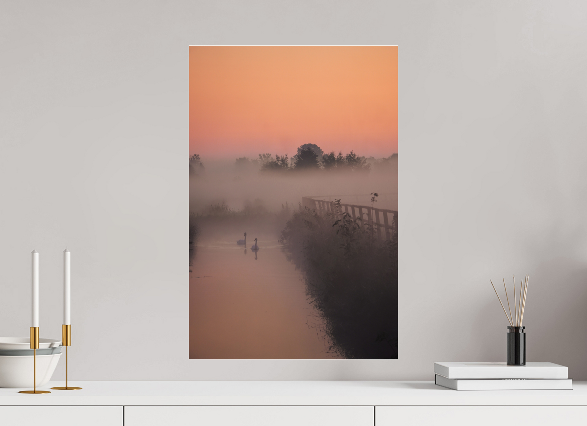 40 x 60 cm, Photo Print Under Acrylic Glass Swans in the Morning Mist
